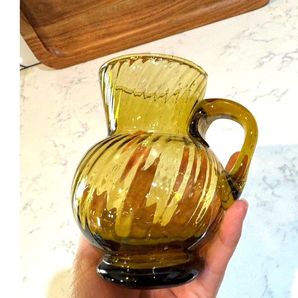 Vintage Hand Blown Amber Swirl small Glass Pitcher boho MCM eclectic artsy - Picture 5 of 11
